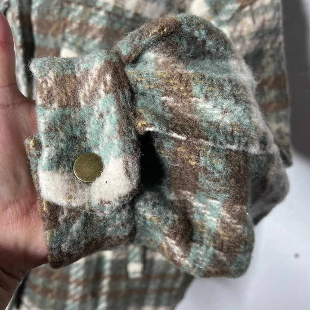 Plaid Women's Jacket in Green Brown Button Up Pockets Fall Woods Cozy Size XL